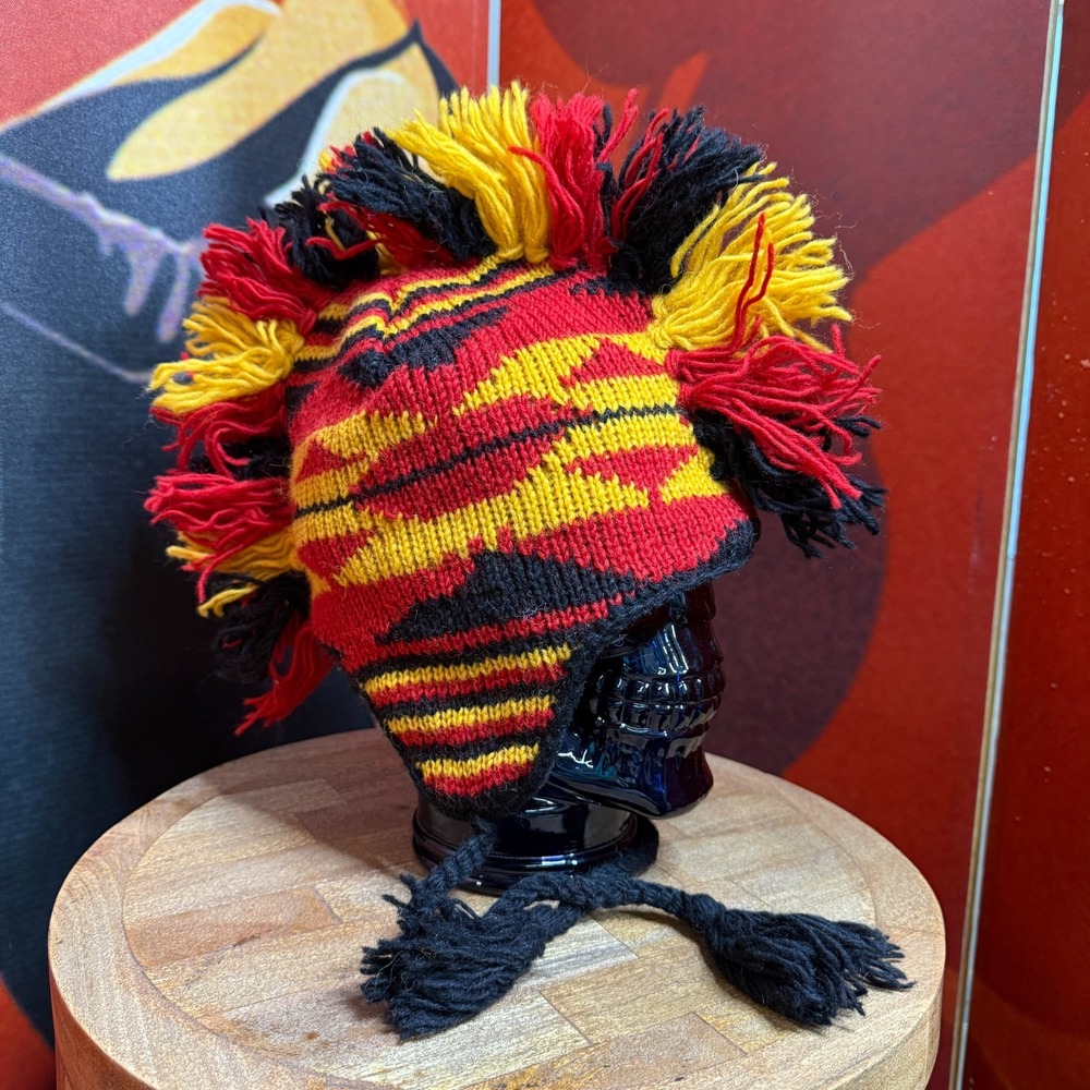 Nepal Crochet Knit Wool Mohawk Hat Beanie Red Yellow Tribal Boho Hippie Headwear